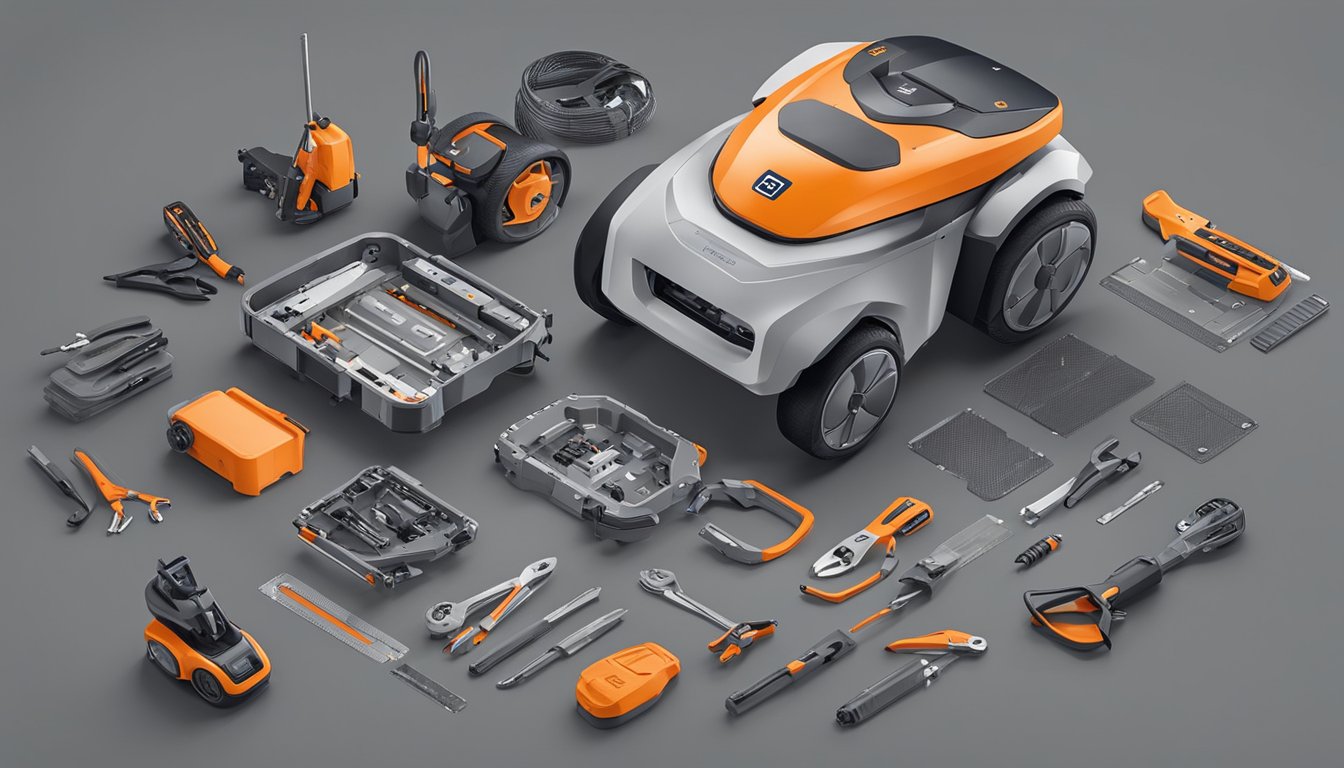 The Husqvarna Automower 305 is being tested. It is surrounded by various tools and equipment, with a technician carefully monitoring its performance