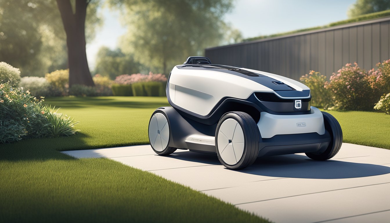 A Husqvarna Automower 305 is being tested for its price-performance rating, surrounded by a spacious garden with neatly trimmed grass and a variety of plants