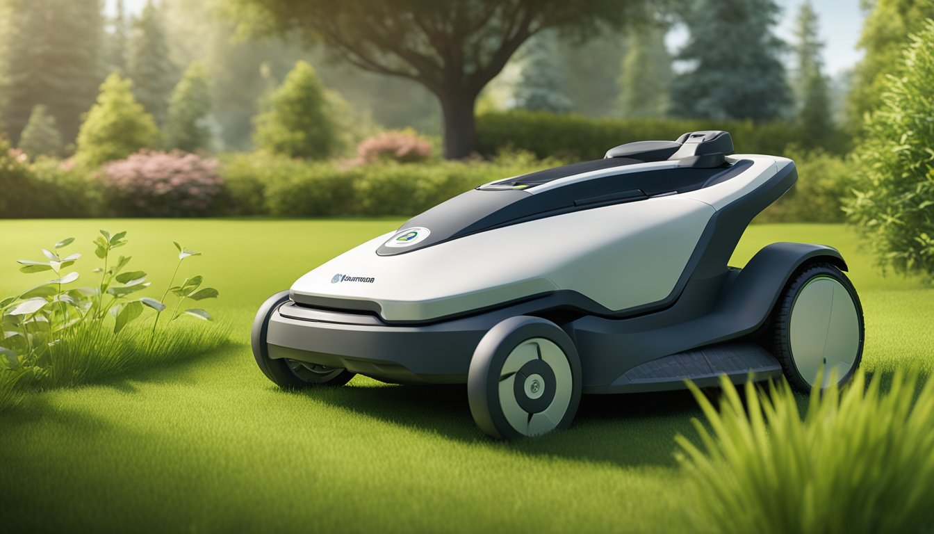 A Husqvarna Automower 305 is cutting grass in a lush, green garden, showcasing sustainability and environmental impact