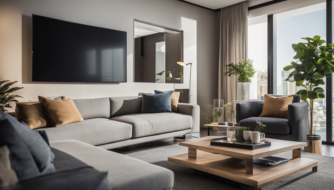 A living room with a TV mounted on the wall, a comfortable sofa and a coffee table. The TV is at eye level and there is ample space between the sofa and the TV for optimal viewing distance