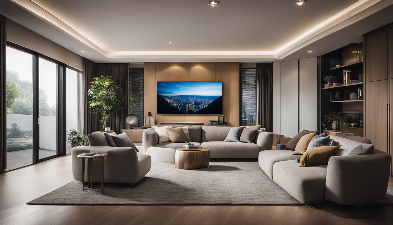A living room with a TV positioned at eye level, surrounded by comfortable seating at an optimal distance for viewing