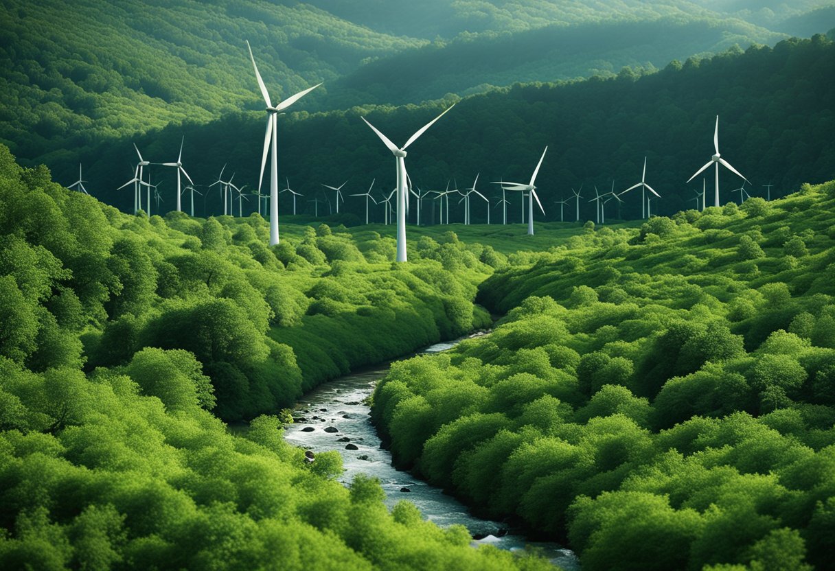 A lush green forest with a clear stream running through it, surrounded by renewable energy sources like wind turbines and solar panels